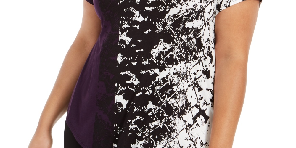 Alfani Women's Petite Printed Round-Hem T-Shirt  Purple Size Petite