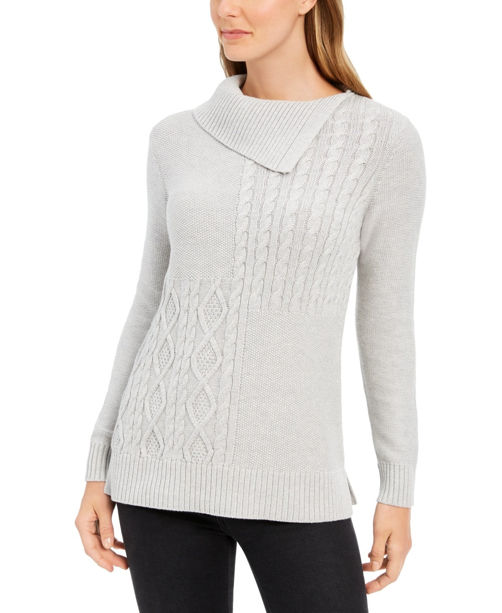 Charter Club Women's Envelope Neck Cable Knit Sweater Gray Size Petite Medium