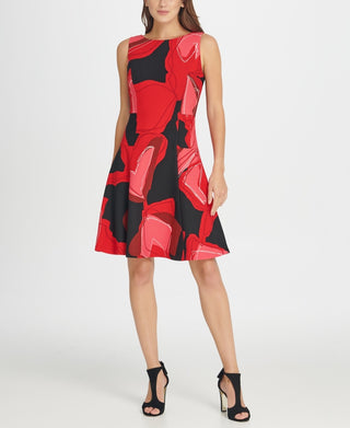 DKNY Women's Abstract Floral Fit & Flare Dress -Red Size 8