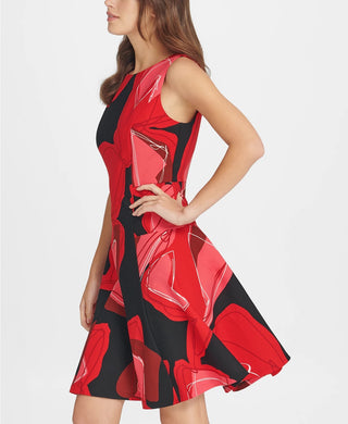 DKNY Women's Abstract Floral Fit & Flare Dress -Red Size 8