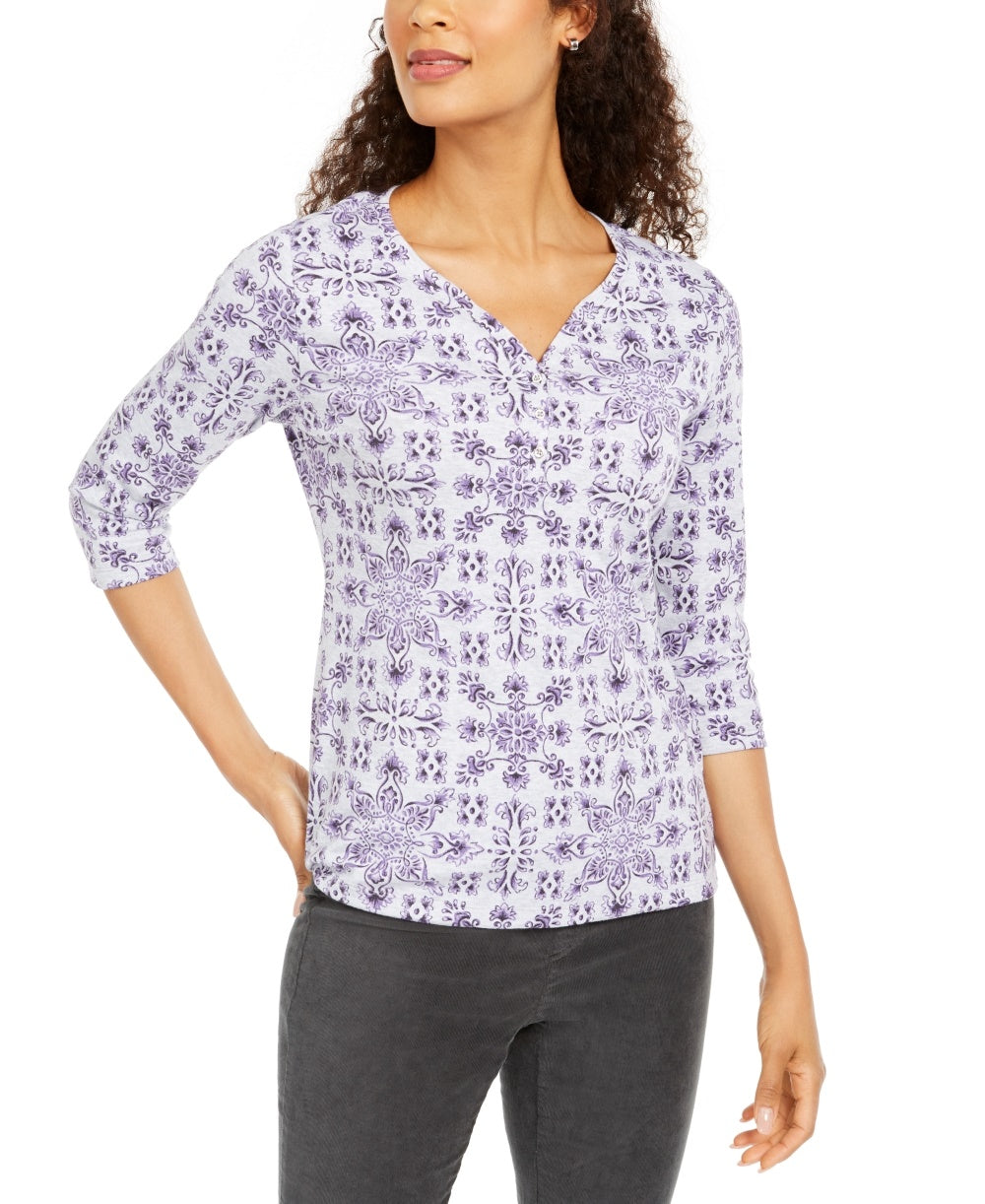 Karen Scott Women's Printed 3/4 Sleeve Henley Top Cassis Grey Size PS-