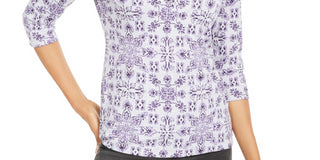 Karen Scott Women's Printed 3/4 Sleeve Henley Top Cassis Grey Size PS-