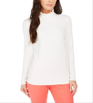 Charter Club Women's Heathered Ribbed Turtleneck Top White Size Medium