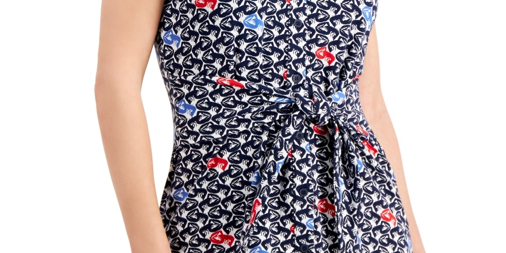 Charter Club Women's Printed Tie Front Sleeveless Top  Blue Size Medium