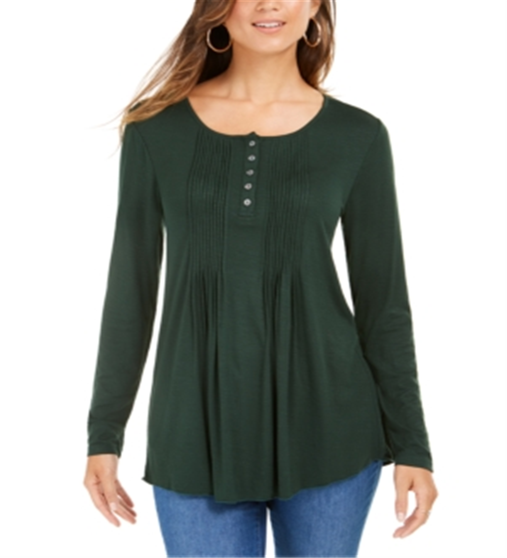Style & Co Women's Long Sleeve Pintuck Top Green Size X-Large