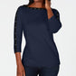 Karen Scott Women's Petite Cotton Studded Boat-Neck Top Navy Size PS