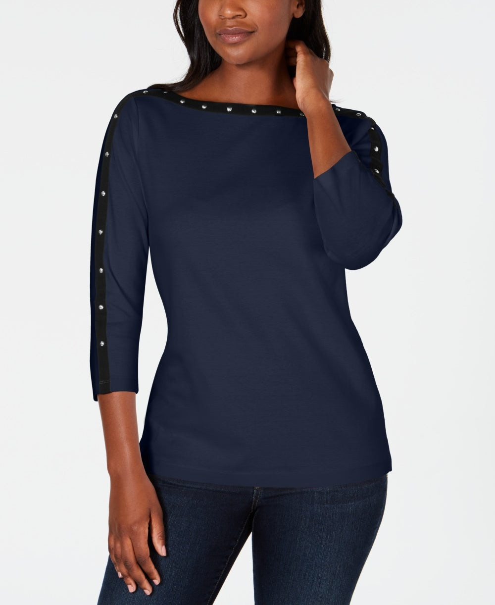 Karen Scott Women's Petite Cotton Studded Boat-Neck Top Navy Size PS
