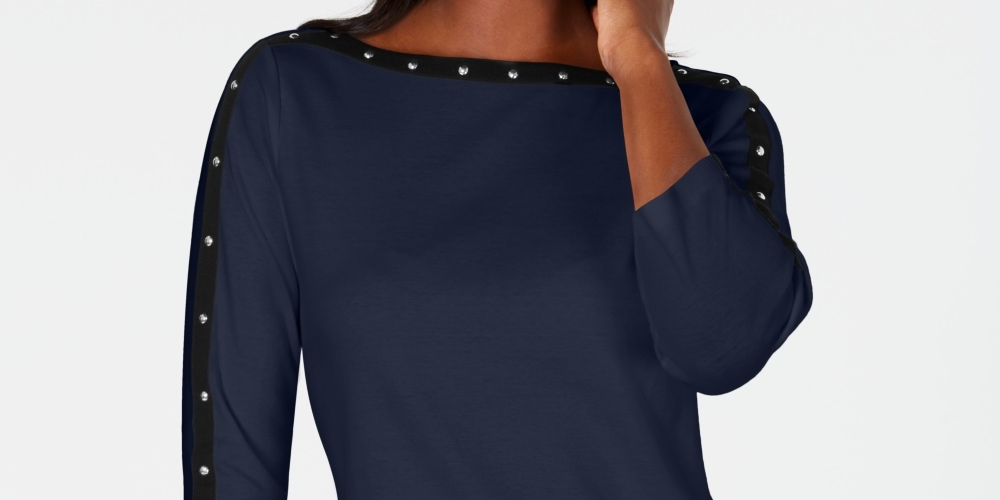 Karen Scott Women's Petite Cotton Studded Boat-Neck Top Navy Size PS