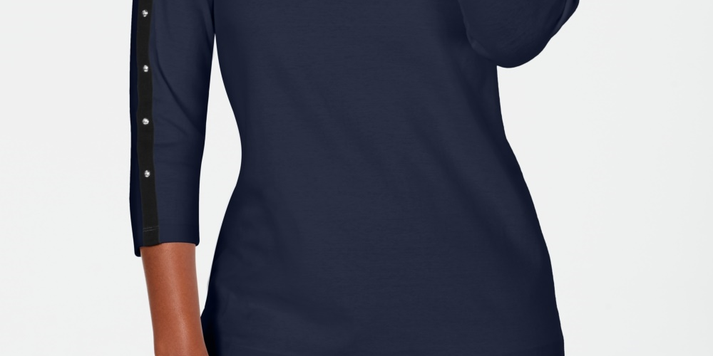 Karen Scott Women's Petite Cotton Studded Boat-Neck Top Navy Size PS