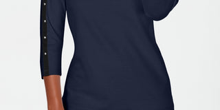 Karen Scott Women's Petite Cotton Studded Boat-Neck Top Navy Size PS