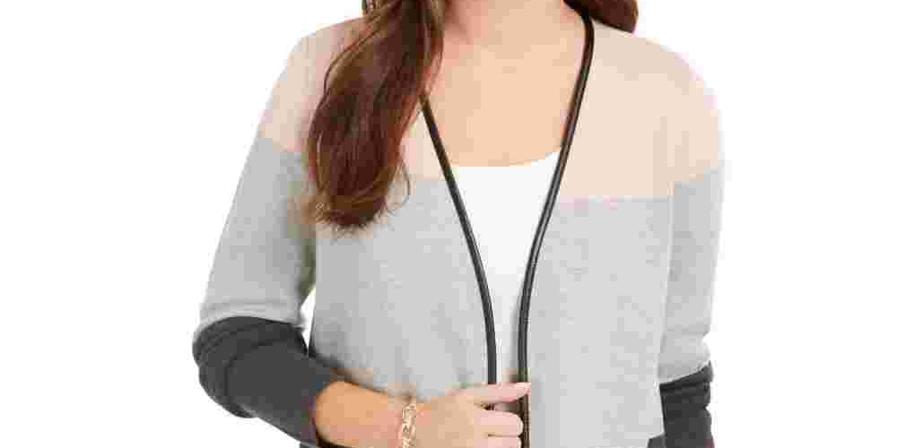 Charter Club Women's Petite Milano Colorblocked Cotton Completer Sweater Gray PL