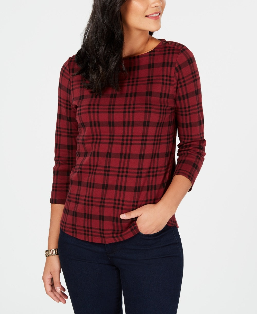 Charter Club Women's Pima Cotton Button Shoulder Print Top Red Size Petite Small