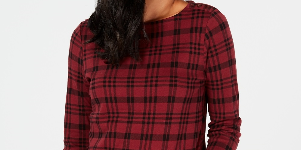 Charter Club Women's Pima Cotton Button Shoulder Print Top Red Size Petite Small