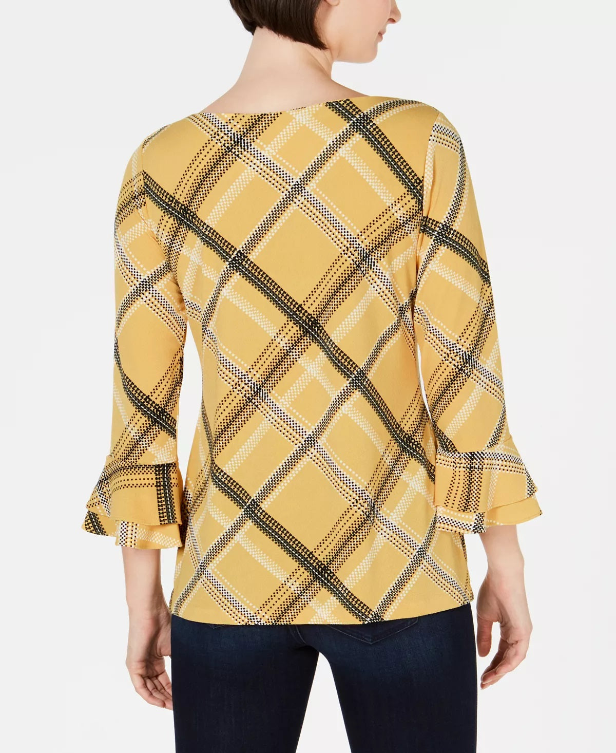 Charter Club Women's Plaid Bell Sleeve Top Gold Size Petite Small-Medium