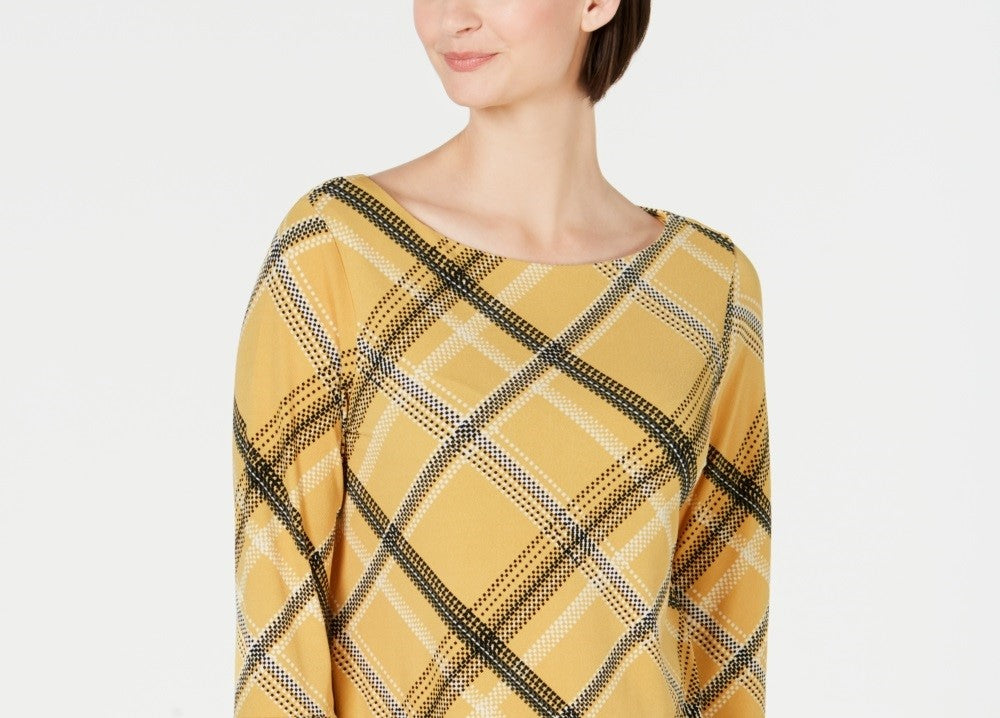Charter Club Women's Plaid Bell Sleeve Top Gold Size Petite Small-Medium