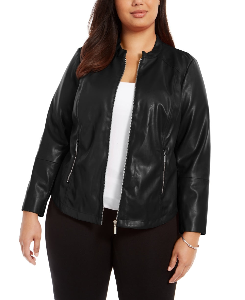 Alfani Women's Plus Size Faux Leather Jacket Black Size 0X