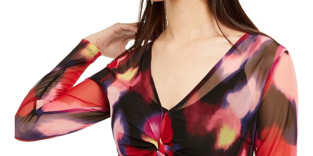 INC International Concepts Women's Printed Twist Front Top Black Size PM