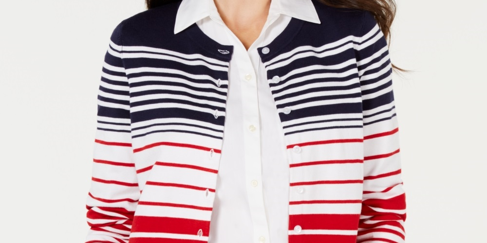 Charter Club Women's Striped Button Down Cardigan Red Size Large