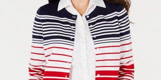 Charter Club Women's Striped Button Down Cardigan Red Size Large