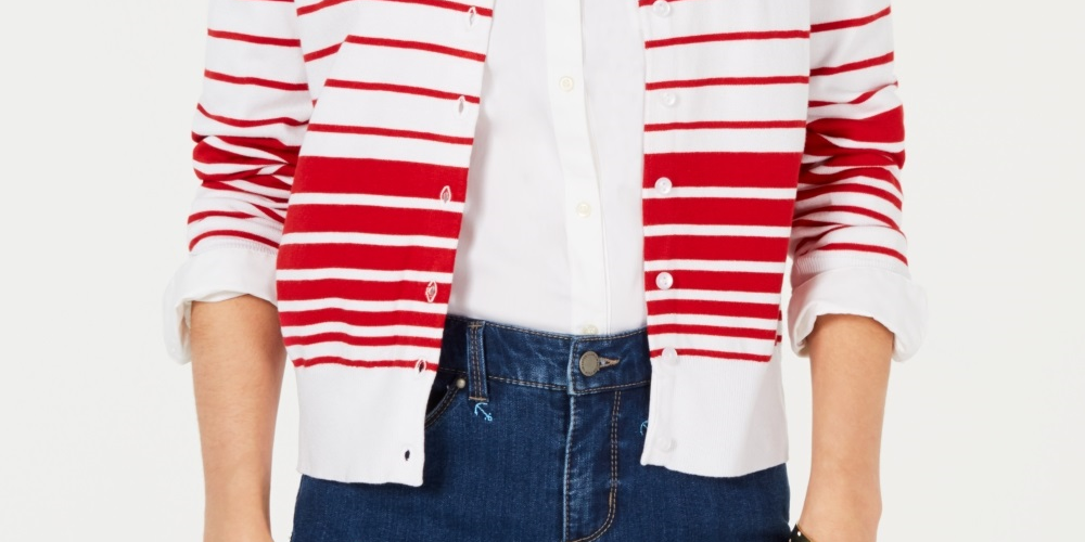 Charter Club Women's Striped Button Down Cardigan Red Size Large