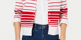 Charter Club Women's Striped Button Down Cardigan Red Size Large