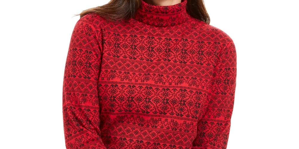 Karen Scott Women's Fair Isle Printed Turtleneck Top Bright Red Size Small