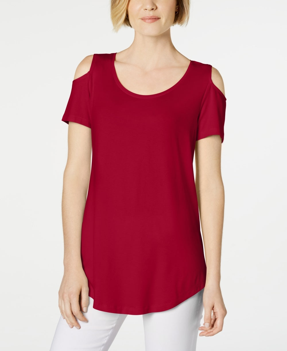 JM Collection Women's Cold Shoulder Swing T Shirt Red Size Medium