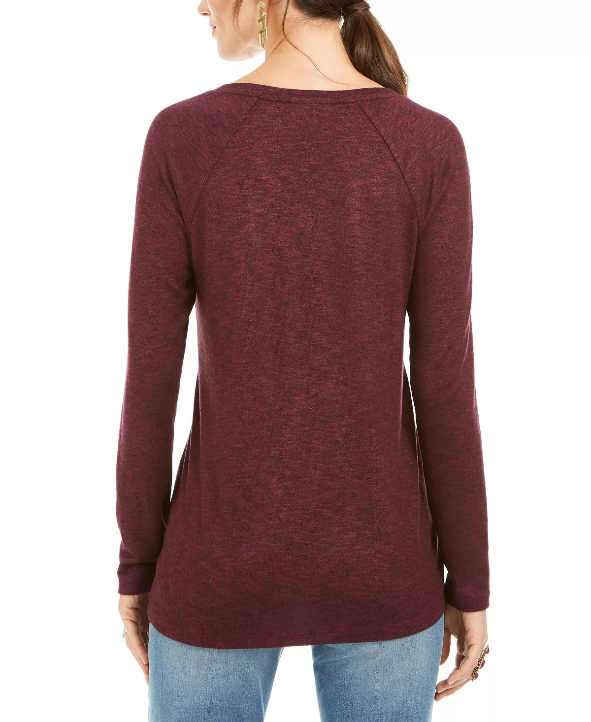 Style & Co Women's Petite Marled-Knit V-Neck Top Red PL
