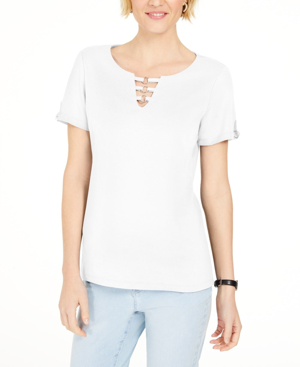Karen Scott Women's Triple Ring Cutout Top White Size Medium