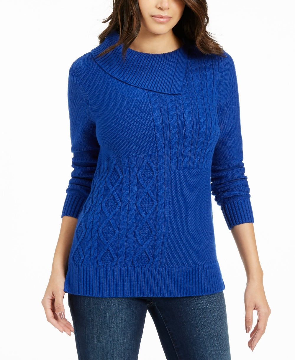 Charter Club Women's Petite Envelope-Neck Cable-Knit Sweater Blue Size Petite X-Large