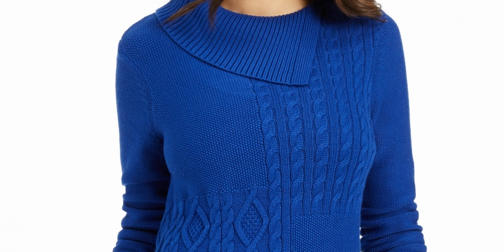 Charter Club Women's Petite Envelope-Neck Cable-Knit Sweater Blue Size Petite X-Large