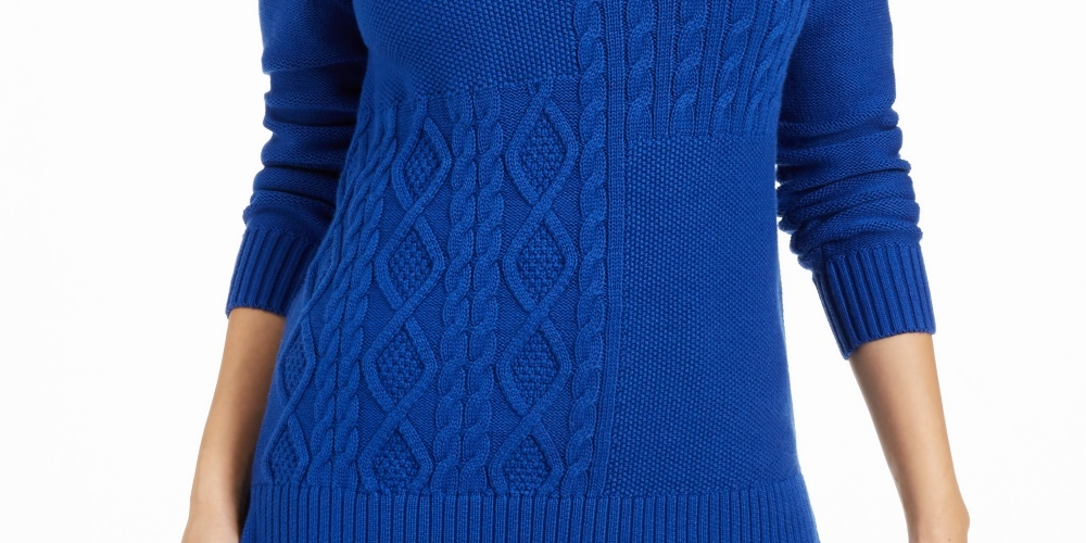 Charter Club Women's Petite Envelope-Neck Cable-Knit Sweater Blue Size Petite X-Large