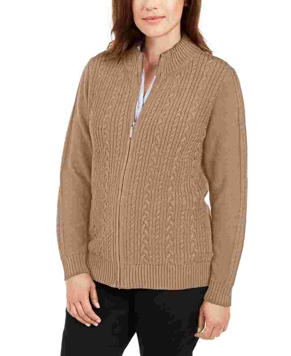 Karen Scott Women's Cable Knit Zip Front Sweater  Brown Size -PS