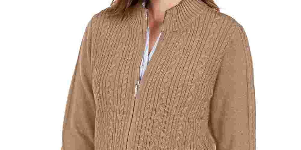 Karen Scott Women's Cable Knit Zip Front Sweater  Brown Size -PS