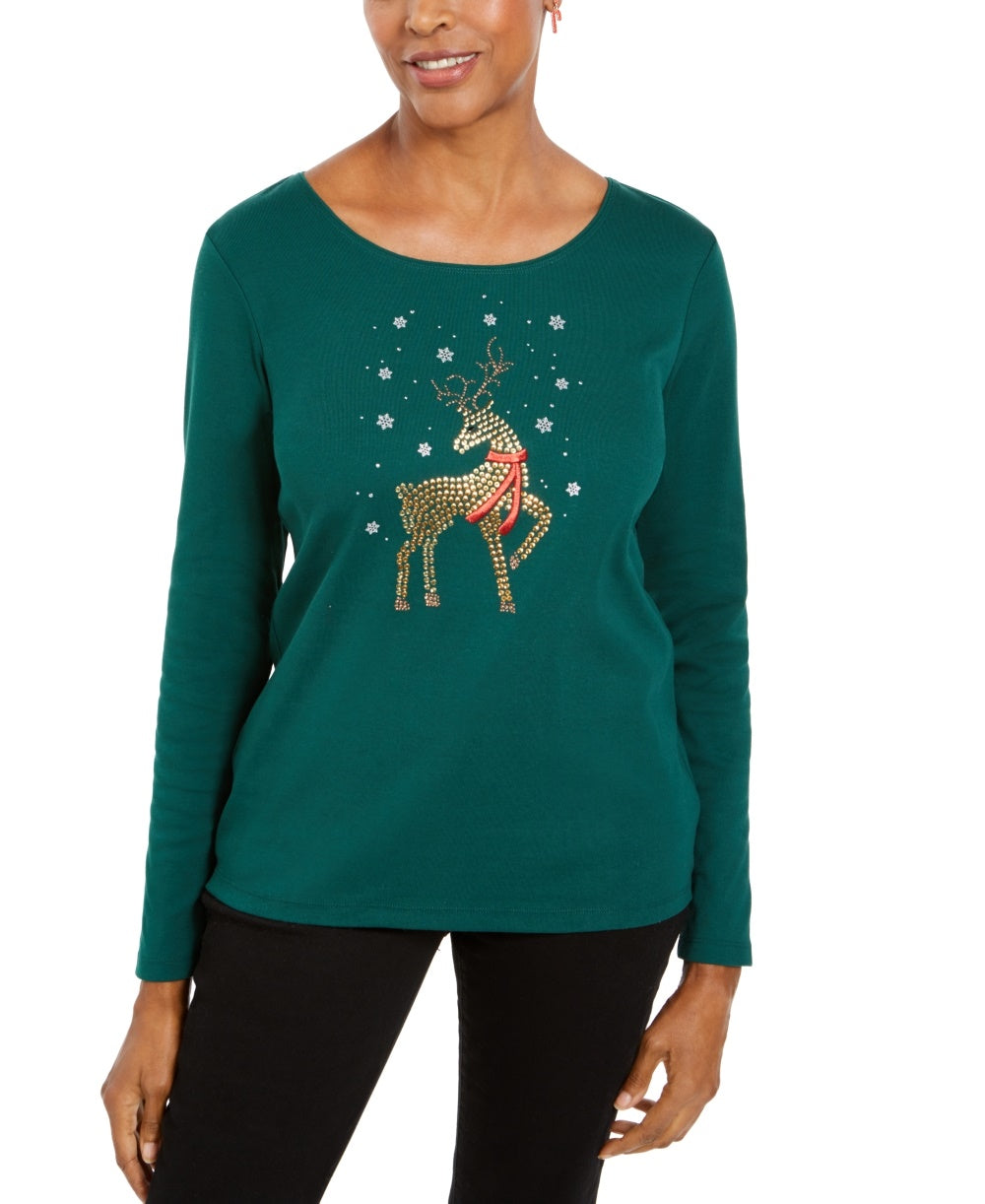 Karen Scott Women's Rhinestone Reindeer Holiday Shirt Green Size X-Large