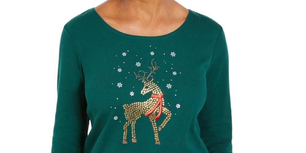 Karen Scott Women's Rhinestone Reindeer Holiday Shirt Green Size X-Large