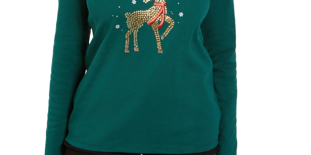 Karen Scott Women's Rhinestone Reindeer Holiday Shirt Green Size X-Large
