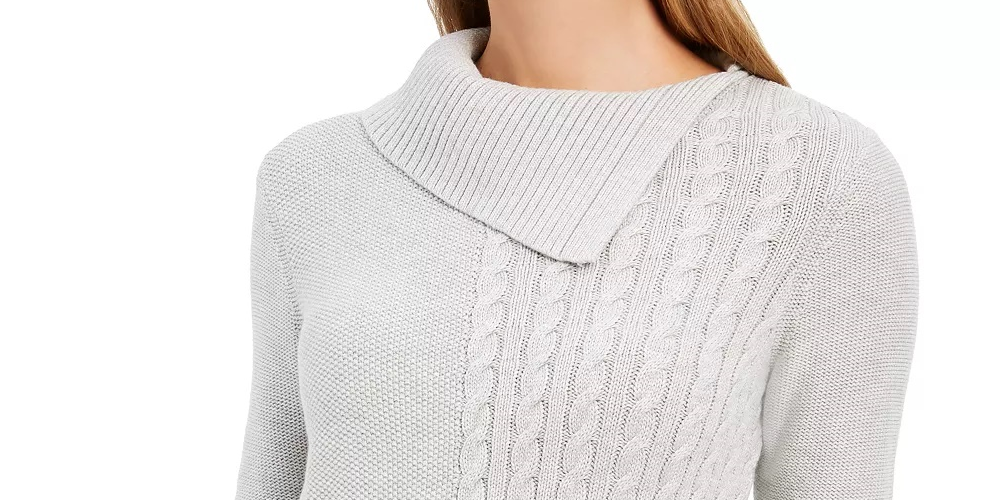 Charter Club Women's Petite Envelope-Neck Cable-Knit Sweater Gray Size Petite X-Large