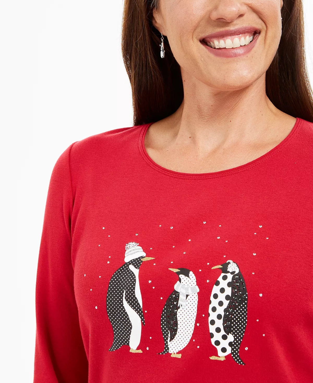 Karen Scott Women's Polka-Dot Penguins Embellished Cotton Top Red Size Medium
