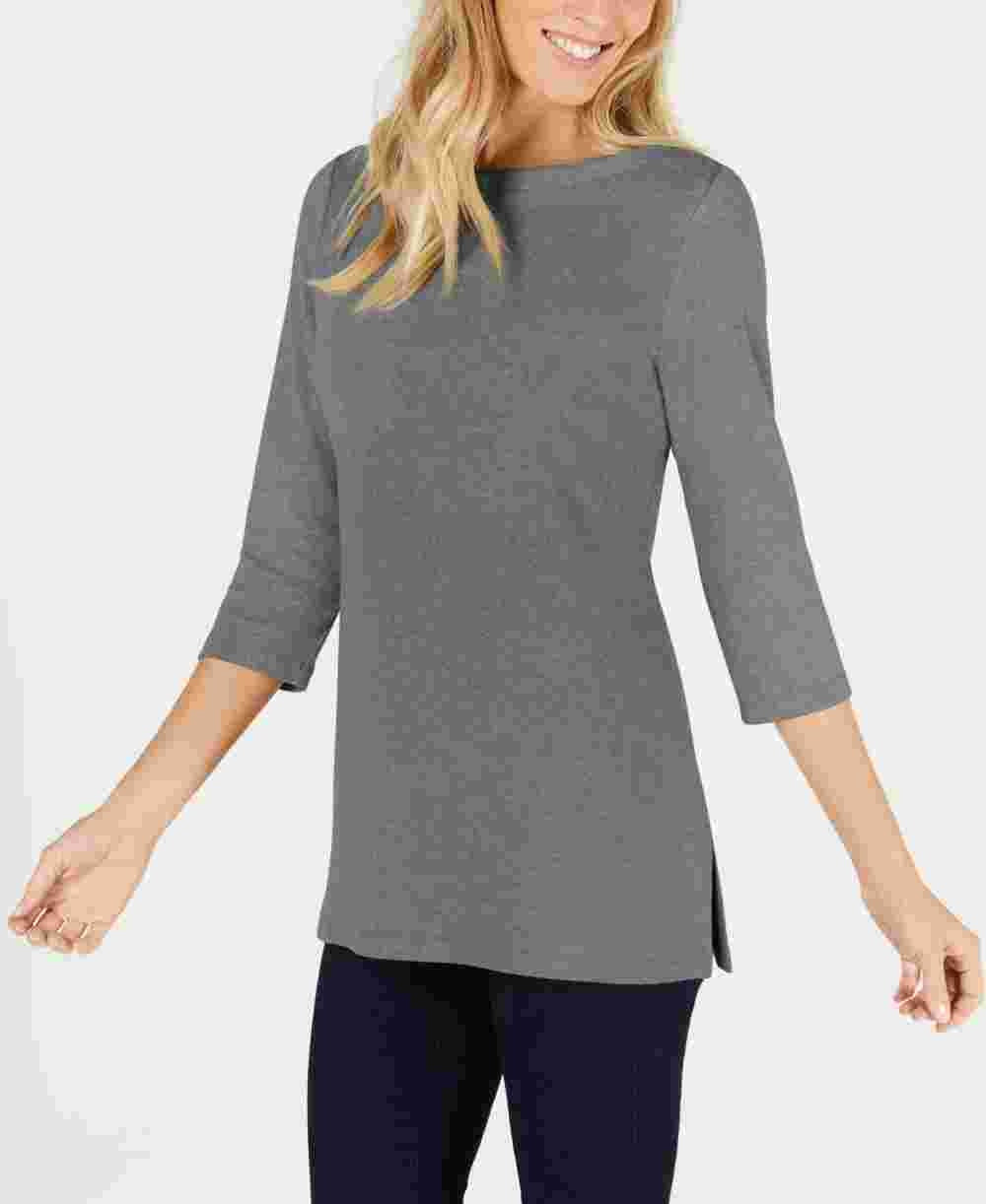 Karen Scott Women's Cotton BOAT Neck 3/4 Sleeve Knit Top Gray Size Small
