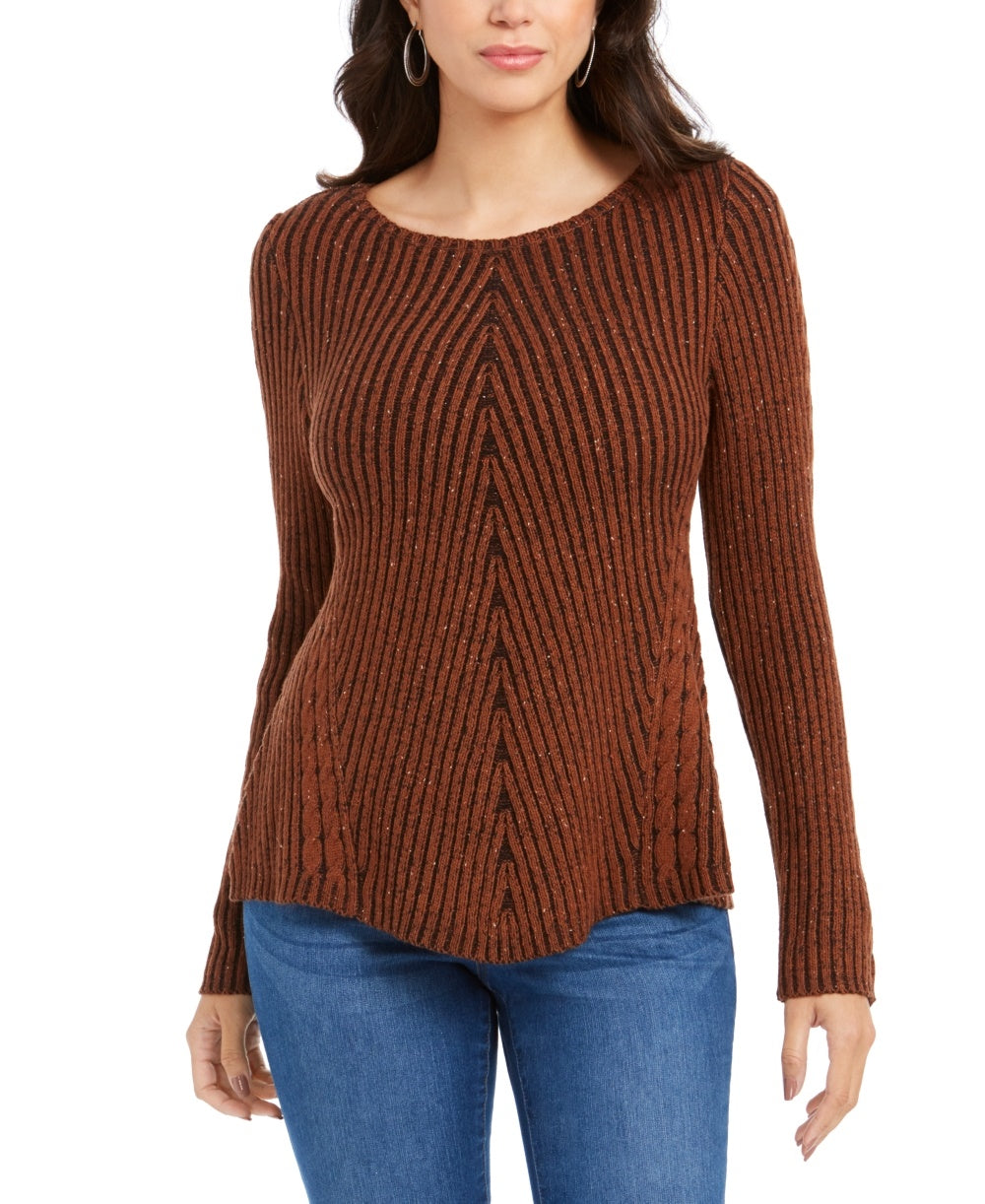Style & Company Women's Textured Speckle Long Sleeve Jewel Neck T-Shirt Sweater Khaki PM