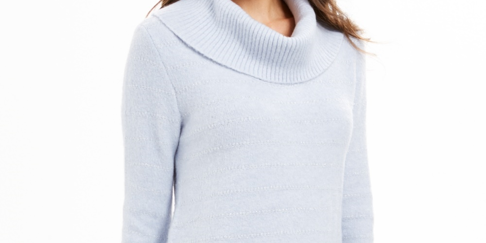 Style & Co Women's Petite Metallic-Striped Turtleneck Sweater Blue Size PM