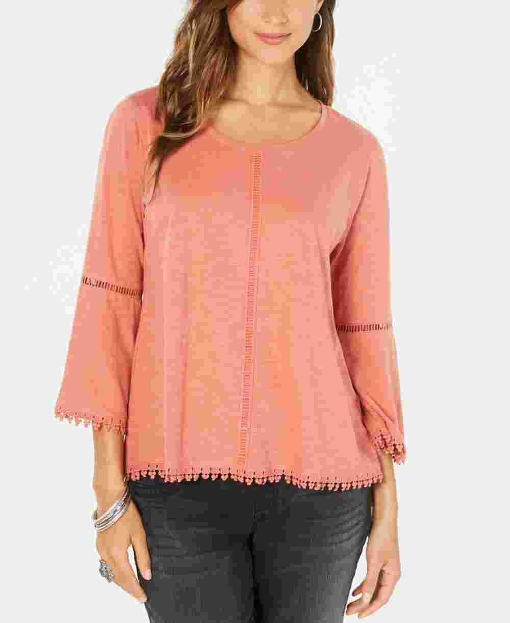 Style & Co Women's Crochet-Trim Bell-Sleeve Top  Orange Size X-Small