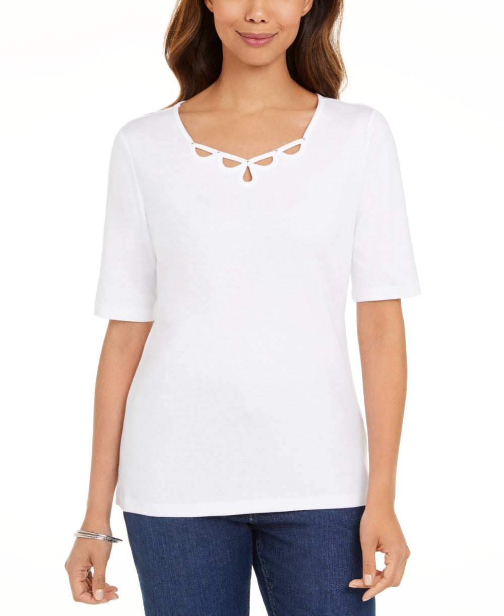Karen Scott Women's Cotton Keyhole Top White Size X-Small