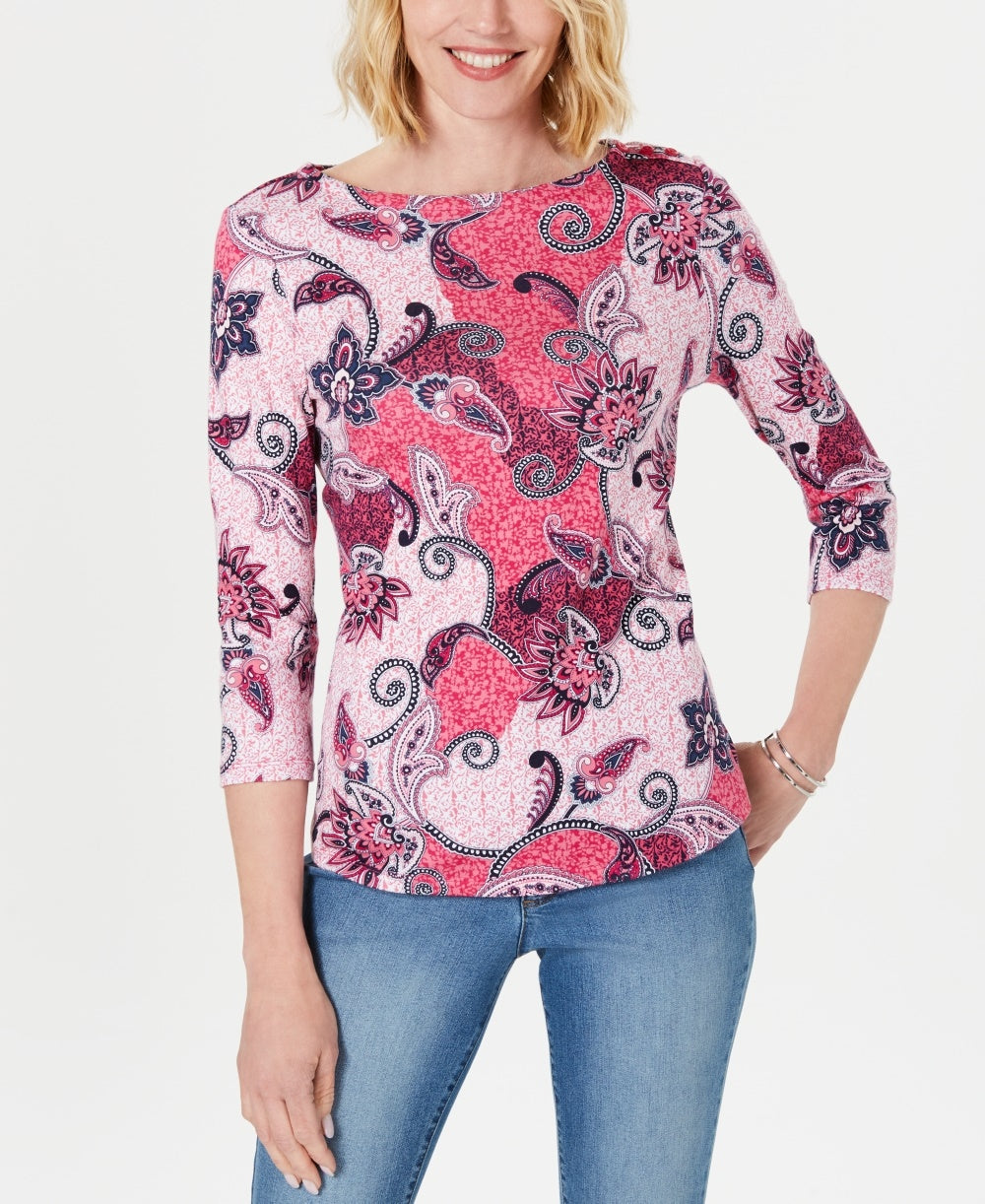 Charter Club Women's Petite Pima Cotton Button-Shoulder Print Top Pink Size Petite X-Large