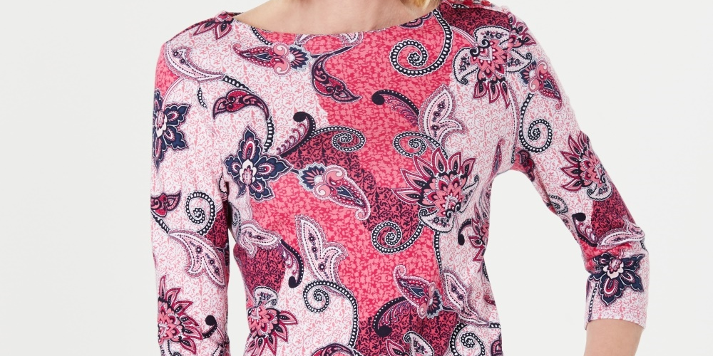 Charter Club Women's Petite Pima Cotton Button-Shoulder Print Top Pink Size Petite X-Large