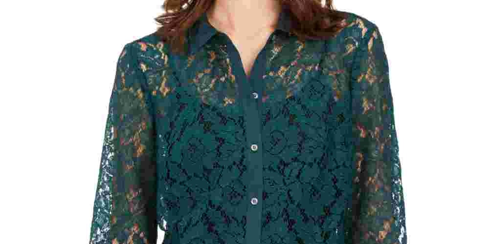 Charter Club Women's Lace Button-Down Top  Green Size X-Small