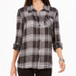 Style & Co Women's Petite Sequined Plaid Shirt Black -PM