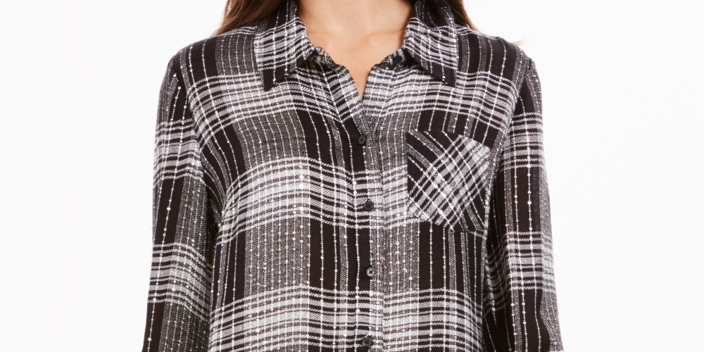 Style & Co Women's Petite Sequined Plaid Shirt Black -PM