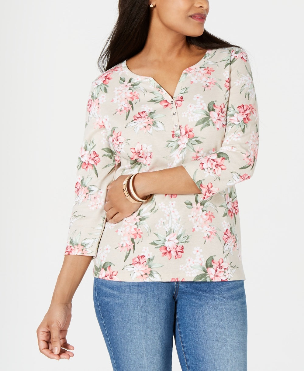 Karen Scott Women's Havana Falls Floral-Print Henley Top Orange Size Small